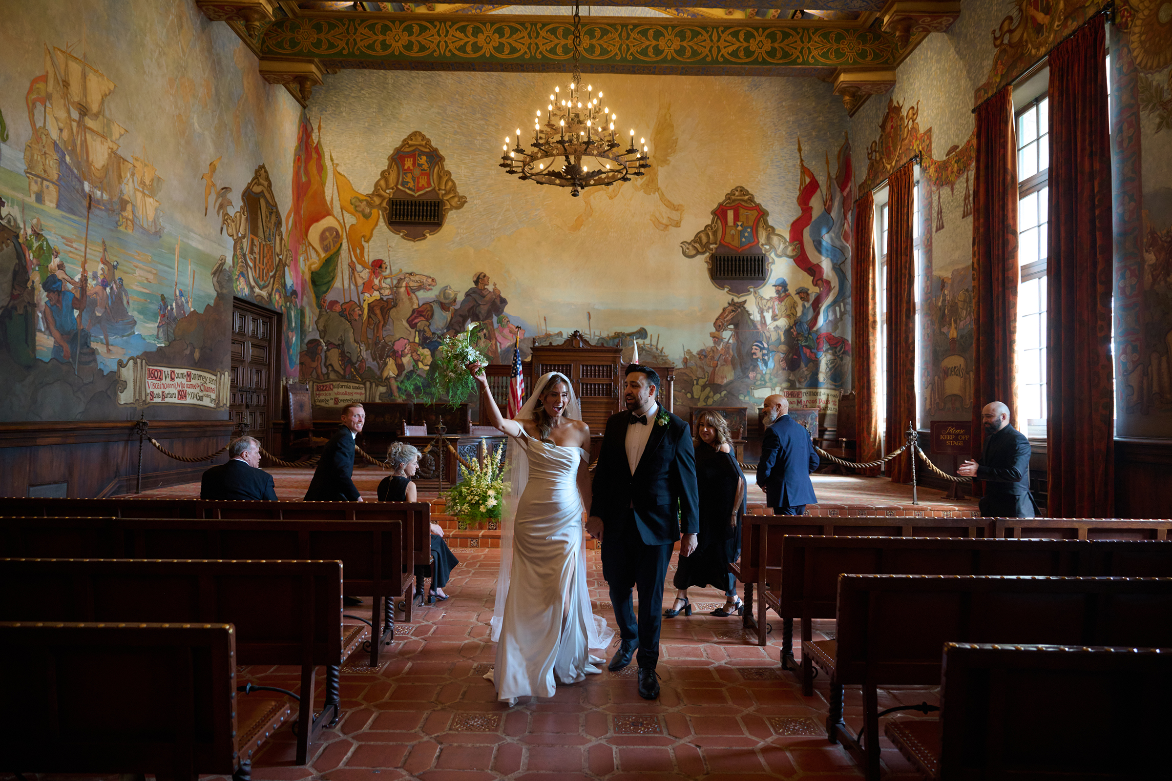 newlyweds-recessional-santa-barbara-courthouse-mural-room-wedding